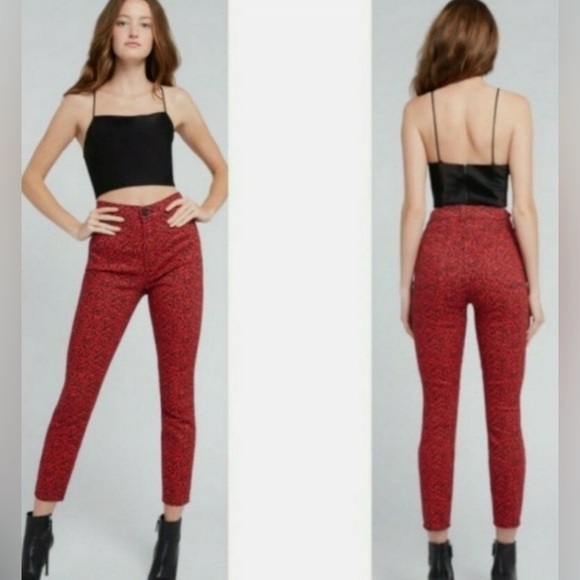Alice + Olivia Good High Rise Ankle Skinny Jeans Red Leopard Funky Rock Size 28 - Picture 3 of 11